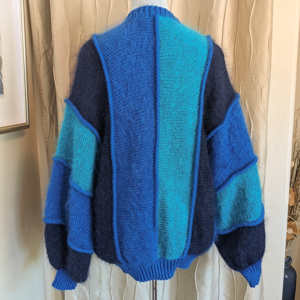 Vintage 80s Mohair Cardigan Sweater M/L Irish Colorblock Chunky Knit Oversized - Picture 8 of 14